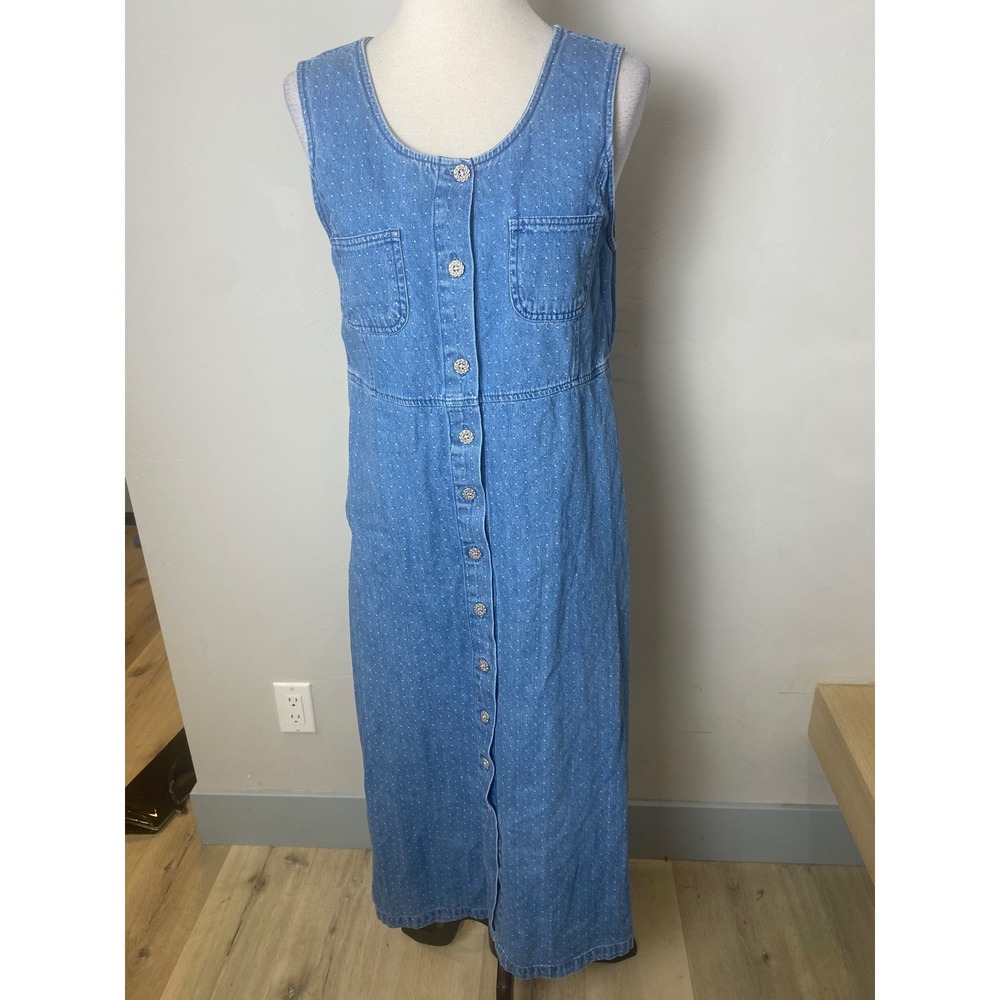 Vintage Blue J 90s Denim Maxi Dress Sleeveless Button Front Polka Dot Small